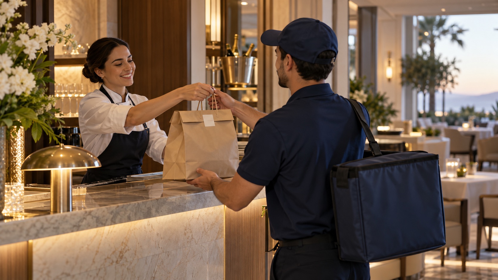Illustrative restaurant staff handing a prepared order to a delivery worker